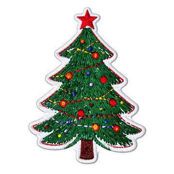 Christmas tree embroidered patch featuring colorful ornaments and a bright red star topper design, detailed fabric texture, stitched festive holiday icon&nbsp;