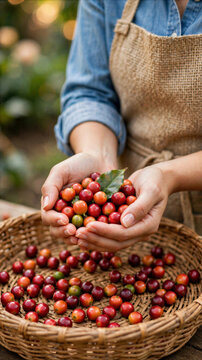 Coffee farmer holding ripe cherries over harvest basket