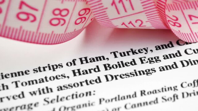 Measuring Tape on Recipe Document Representing Portion Size and Nutrition Measurement
