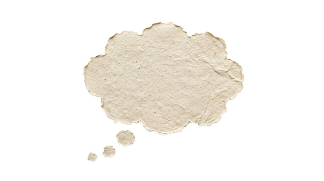 Handmade recycled beige paper thought bubble with ragged textured edges isolated as a craft design element on transparent background