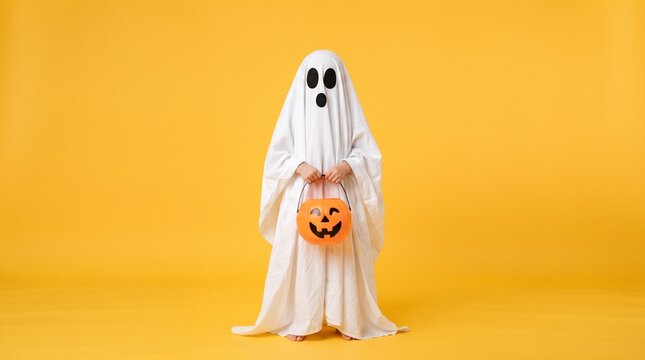 Funny Halloween Kid Concept, little cute child with white dressed costume halloween ghost scary he holding orange pumpkin ghost on hand, studio shot yellow on white background