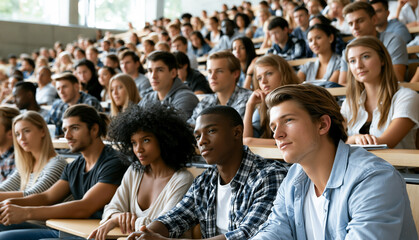 Obraz premium A large group of diverse young students sitting in a university lecture hall amphitheater, listening attentively to a professor and looking forward during a lesson