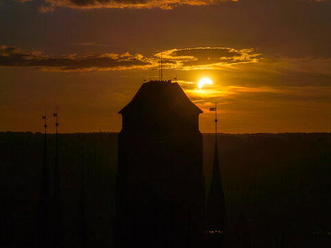 Partial Solar Eclipse Over Gdansk, Poland, Aerial Drone View