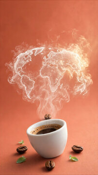 Coffee cup with glowing world map steam on coral background