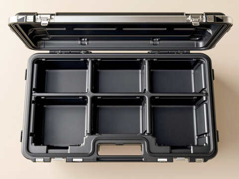 An empty black heavy duty plastic protective hard case with an open lid, showing several internal organizer compartments or slots for tools, equipment, or tech gear