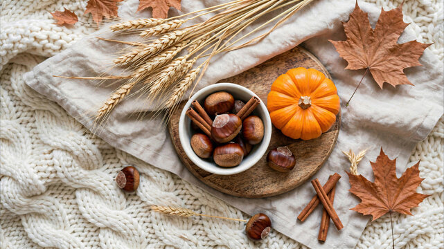 Autumn coffee still life with pumpkin chestnuts and cinnamon