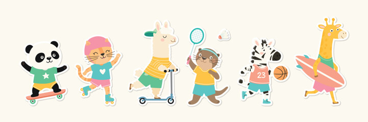 Naklejka premium Cute Animal Sports Set, Vector Illustration. Cartoon Panda on Skateboard, Cat on Roller Skates, Llama on Scooter, Otter Playing Badminton, Zebra With Basketball and Giraffe With Surfboard