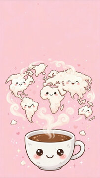Cute coffee cup with world map steam on pink background