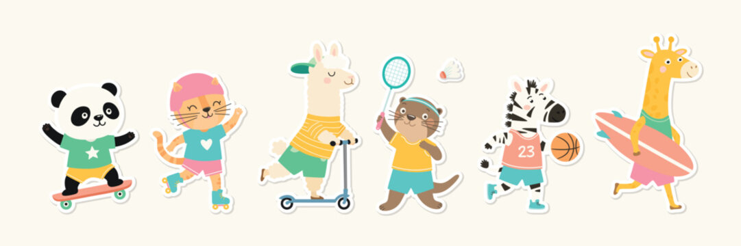 Cute Animal Sports Set, Vector Illustration. Cartoon Panda on Skateboard, Cat on Roller Skates, Llama on Scooter, Otter Playing Badminton, Zebra With Basketball and Giraffe With Surfboard