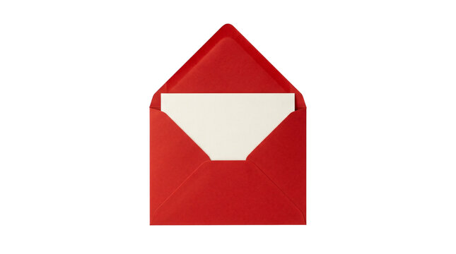 Open bright red paper envelope containing a clean white blank card presented in high resolution studio lighting on transparent background