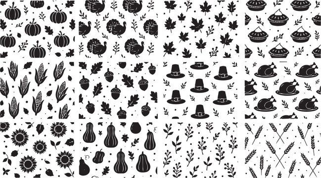 Thanksgiving black and white seamless pattern collection set illustration
