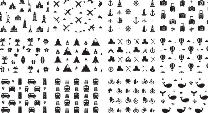 Travel and outdoor adventure flat icons seamless pattern set