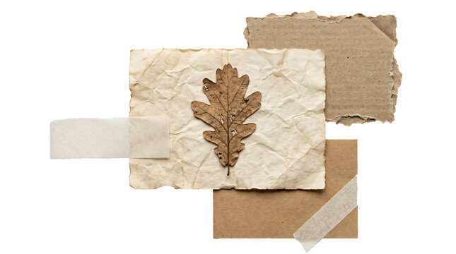 Dry oak leaf resting on wrinkled aged parchment paper with layered cardboard scraps and adhesive tape pieces on transparent background