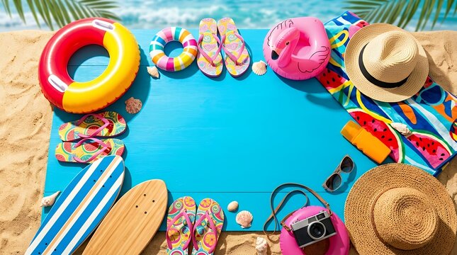 Vibrant Seasonal Holiday Backdrop with Blank Text Area Inflatable Rings and Relaxing Sunbathing Items Colorful tropical frame layout featuring swimming gear sandals and wave boards over a bright