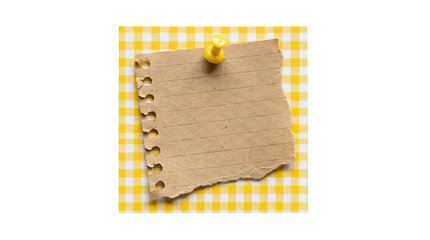 Torn brown lined paper attached with yellow push pin onto checkered square memo pad presented isolated on transparent background © Hossain