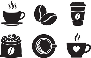 Fototapeta premium Coffee icons set with beans cup and takeout mug