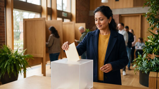Smiling South Asian woman casting ballot paper into box at polling station with voting booths and queueing citizens
