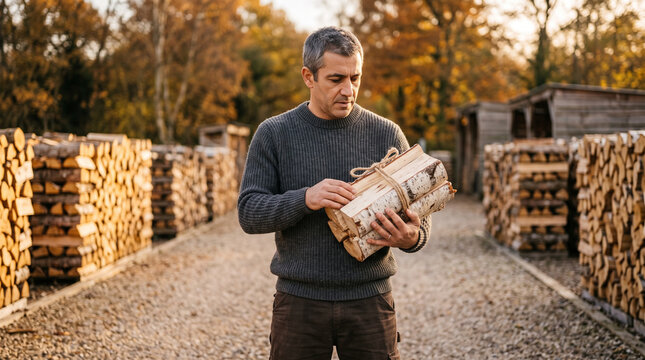 Middle-aged customer buying tied bundle of birch firewood logs at outdoor yard during warm golden autumn sunset