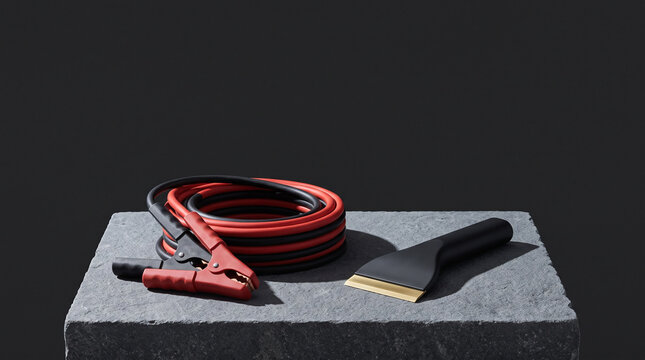 Minimalist car jumper cables and winter ice scraper on stone podium against dark background with copy space