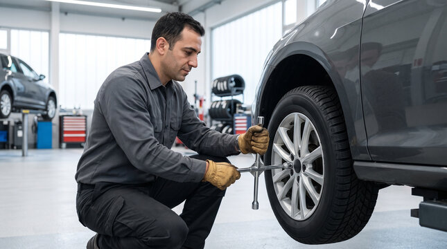 Focused male mechanic changing car tire with cross wrench in modern auto repair shop garage during maintenance service