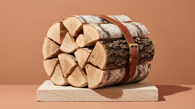 Minimalist birch firewood bundle tied with leather strap on wooden podium against terracotta studio background