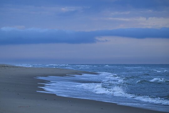 Surf, waves, blue hour after sunset, Houvig Beach, North Sea, Denmark