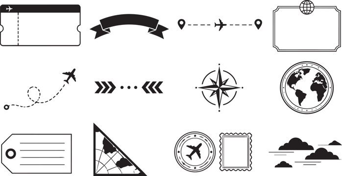 Travel icon set with airplane ticket compass and map elements