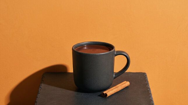 Hot chocolate in grey ceramic mug with cinnamon stick on slate tile in warm ochre tones with copy space