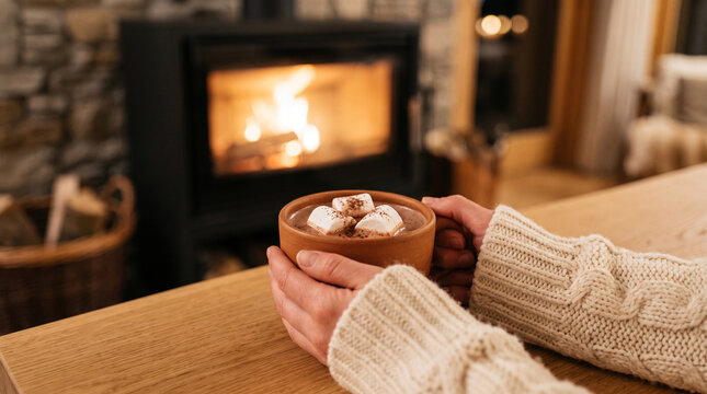 Close-up of hands in cable-knit sweater holding warm ceramic mug filled with hot cocoa and marshmallows against blurred fireplace backdrop