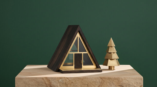 Stylized 3D render of miniature A-frame cabin model and geometric pine tree with elegant gold accents against deep green backdrop