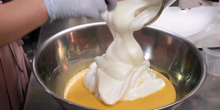 Close up shot of a pastry chef wearing gloves pouring thick whipped egg whites or cream into a large stainless steel mixing bowl filled with a smooth, bright yellow egg yolk mixture to prepare batter 
