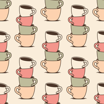 Coffee Cup Seamless Pattern, Vector Illustration. Cartoon Cute Colorful Coffee Cup Background. Stacked Tea Cups Repeat, Cute Kitchen Drink Vector Illustration