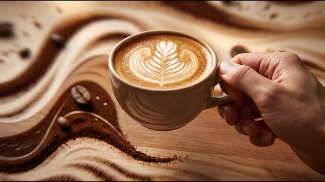 Hand holding a cup of latte art with rosetta pattern over artistic coffee ground background