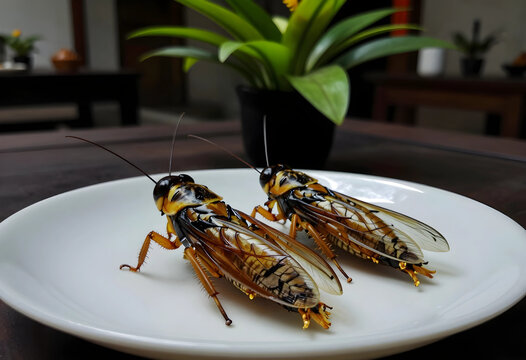 Edible insects as future food, sustainable protein source, two large cicadas on a white plate, alternative nutrition
