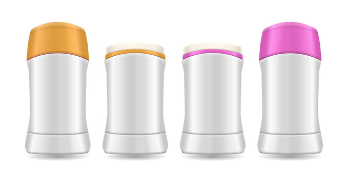 Four white deodorant sticks with colored caps on transparent background