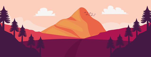 Fototapeta premium Majestic Mountain Landscape with Pine Trees and Vibrant Sunset Hues.
