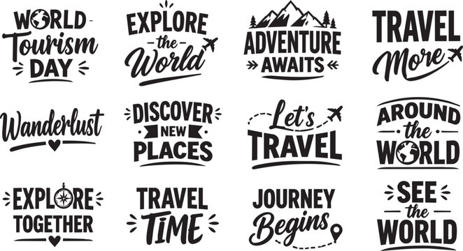 Travel quote typography set with adventure and exploration lettering designs