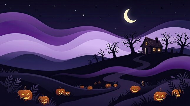 A spooky and delightful halloween night scene featuring glowing pumpkins silhouetted figures and a crescent moon in a flat vector style