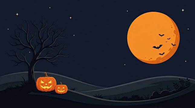 A charming flat vector illustration of a halloween night scene featuring a smiling moon spooky trees and glowing jack o' lanterns