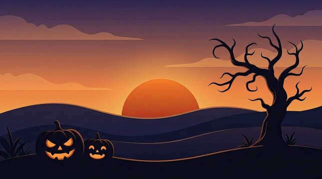 A spooky and delightful halloween landscape a flat vector illustration with pumpkins a silhouette tree and a vibrant sunset sky