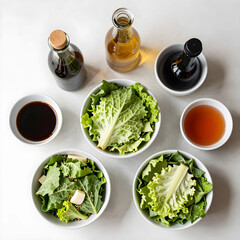 Obraz premium Healthy eating and fresh salad ingredients, green leafy vegetables with various dressings and oils for a balanced diet