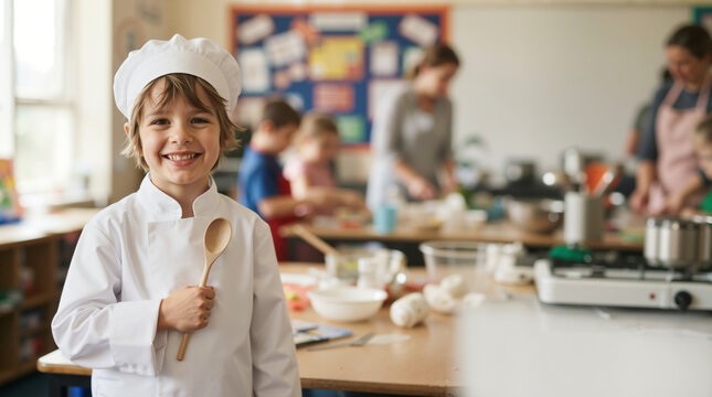 Smiling young boy in a white chef uniform and hat holding a wooden spoon. Happy child participating in career day at school. Future profession and culinary education concept