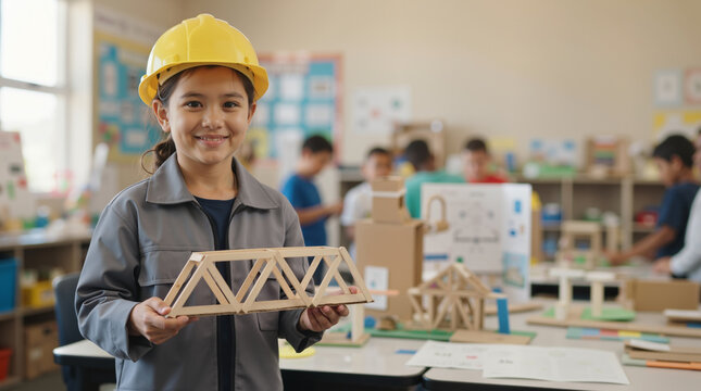 Smiling young girl wearing a yellow hard hat and holding a wooden bridge model. Elementary school student participating in a STEM career day activity in a classroom