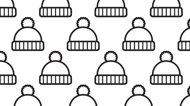 Winter beanie hat pattern with pom pom line art background