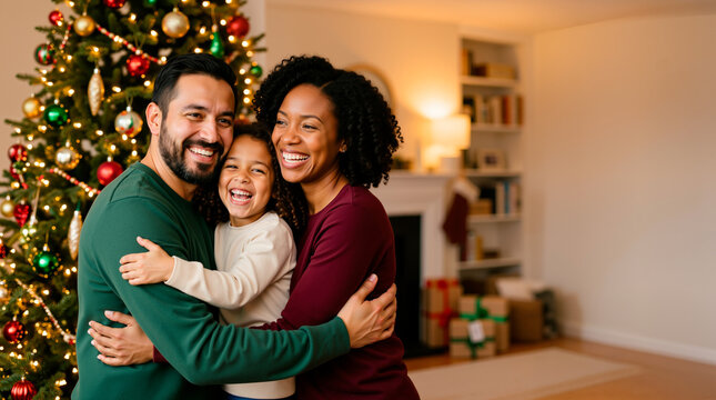 Happy diverse family of three embracing by a decorated Christmas tree. Smiling multicultural parents hugging their laughing child at home. Festive holiday celebration with copy space