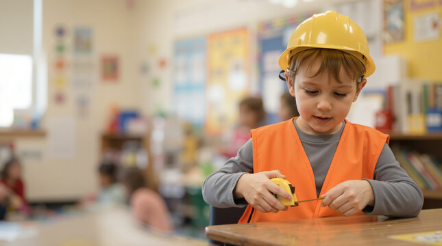 Young boy dressed as a construction worker holding a measuring tape in a classroom. Kid in a yellow hard hat and orange safety vest during career day at school
