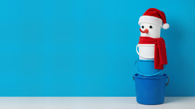 Christmas snowman made of stacked cleaning buckets wearing a Santa hat and red scarf. Creative holiday cleaning service concept on blue background. Copy space for text