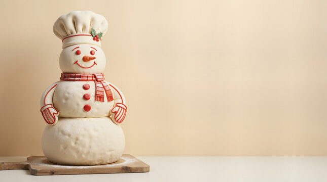 Christmas snowman made of bakery dough wearing a chef hat. Festive holiday baking concept with red icing details on wooden board. Minimalist background with copy space