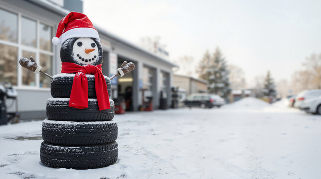 Large Christmas snowman made from stacked black tires. Creative automotive holiday decoration wearing a red Santa hat and scarf outside a mechanic service shop. Copy space for text