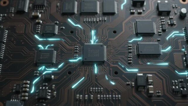 Close-up view of a dark circuit board with glowing blue lines connecting various electronic components and a central processing unit.